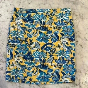JCrew size 14 knee length skirt, blue and yellow linen fabric